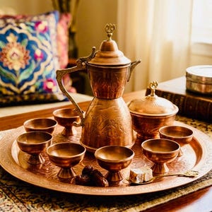 Servizio da caffè turco vintage in rame inciso, con caffettiera Dallah, 6 tazze e vassoio.