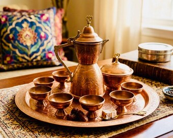 Vintage Etched Copper Turkish Coffee Set with Large  Serving Tray Handcrafted Arabic Dallah Pot, 6 Coffee Cups & Lidded Sugar Bowl