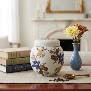 Vintage Sadler Engeland gemberpot met deksel, keramische paradijsvogel chinoiserie opslag theebus, blauw en geel bloemen Engels aardewerk