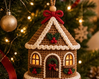May include: A crocheted gingerbread house ornament in brown with white trim, featuring a red bow on the roof, a central door with a wreath, and two windows. The house is decorated with green holly leaves and red berries, hanging by a tan cord.