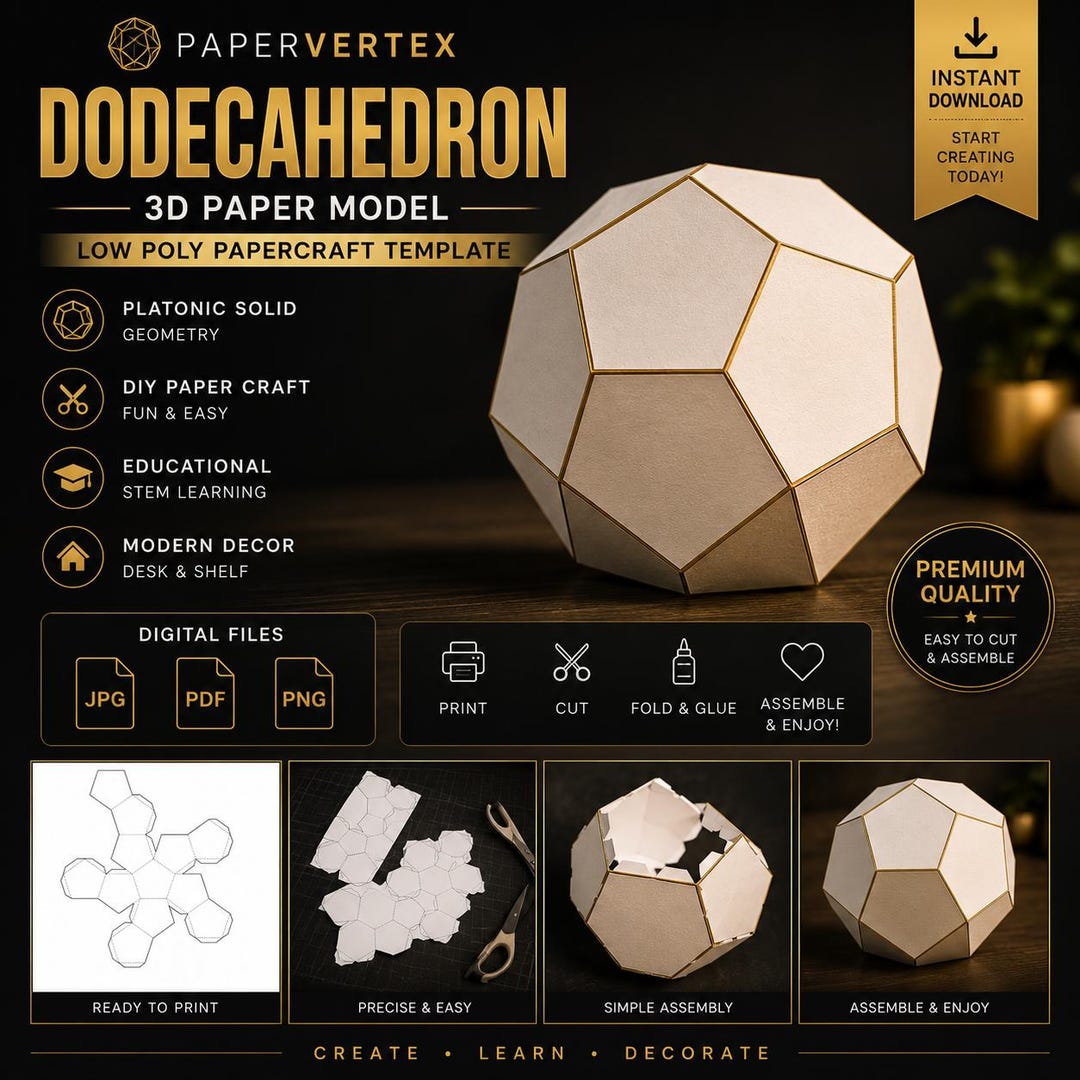 Dodecahedron 3D Paper Model | Low Poly Papercraft Template | Geometric ...