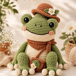 Könnte beinhalten: Ein gehäkeltes Frosch-Stofftier mit grünem Körper, cremefarbenem Bauch, großen schwarzen Augen und rosa Wangen. Der Frosch trägt einen braunen Hut mit einer weißen Blume, einen passenden braunen Schal und eine kleine braune Tasche mit Blume.