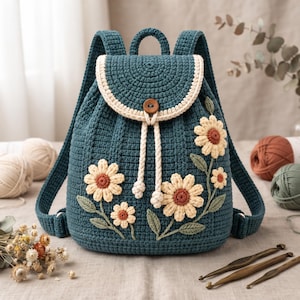 May include: A dark teal crochet backpack featuring a flap closure with a single wooden button and a drawstring tie. The bag is decorated with cream-colored crocheted daisies with brown centers and green leaves stitched onto the front panel.