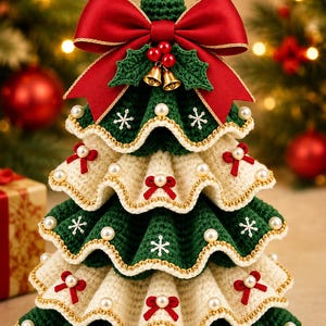 May include: A tiered crochet Christmas tree featuring alternating dark green and cream-coloured ruffled layers. The tree is decorated with white pearl beads, embroidered white snowflakes, small red bows, and a large red satin bow with gold-toned bells.