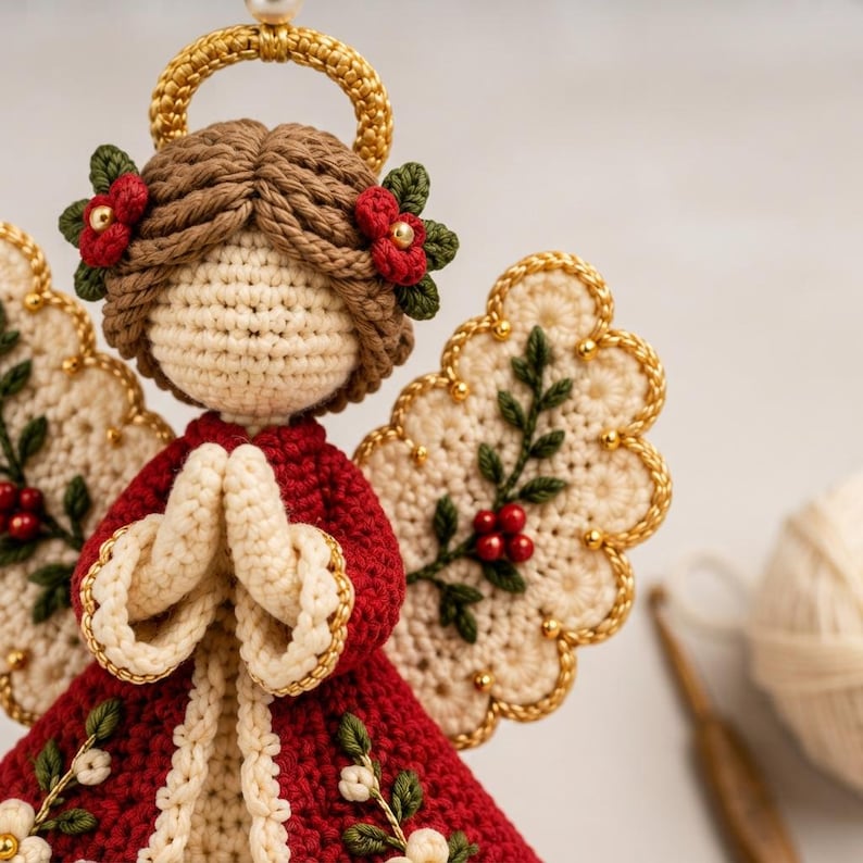 Pu&ograve; includere: Una statuetta di angelo all'uncinetto con capelli castani, un'aureola dorata e un vestito rosso. L'angelo ha ali color crema decorate con ricami di foglie verdi e bacche rosse. Il vestito presenta bordi color crema e piccoli fiori bianchi.