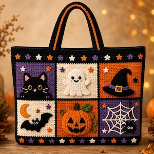 Puede incluir: Un bolso de mano de ganchillo negro con seis paneles cuadrados con motivos de Halloween, incluyendo un gato negro, un fantasma blanco, un sombrero de bruja, una luna creciente con un murciélago, una calabaza y una telaraña con una araña.