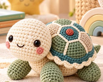 May include: A crochet turtle toy featuring a cream-colored head with black eyes and pink cheeks. The shell is composed of hexagonal patches in shades of dark green, light green, and beige, with a scalloped cream border. It has four green limbs.