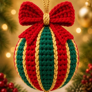 Può includere: Un ornamento sferico all'uncinetto con pannelli verticali alternati di filato verde scuro e rosso, separati da un bordo intrecciato dorato in rilievo. Un grande fiocco rosso all'uncinetto è posto in cima con un cordino dorato e una campanella.