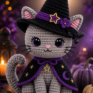 May include: A grey crocheted cat plush toy wearing a black pointed witch hat with a purple band, a gold star, and a purple flower. The cat wears a black cape with purple trim, gold star and moon embroidery, and a gold star charm at the neck.