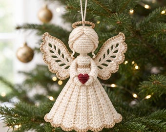 Puede incluir: Un adorno de ángel tejido a ganchillo en color crema con un vestido texturizado, alas caladas con bordes dorados, una aureola a juego y un pequeño corazón rojo oscuro sostenido en el centro. La figura cuelga de un cordón blanco.