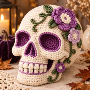 Könnte beinhalten: Ein cremefarbener gehäkelter Totenkopf mit tiefvioletten Augenhöhlen und Nasenhöhle. Der Totenkopf ist mit gehäkelten grünen Ranken, dunkelvioletten Blüten mit cremefarbenen Mitten und kleineren hellvioletten Blüten verziert. Die Zähne sind cremefarben.