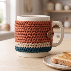 Puede incluir: Una taza de cerámica blanca con una funda de ganchillo extraíble. La funda es principalmente de color óxido con rayas horizontales en crema y azul cerceta oscuro en la base, asegurada en el lateral con un botón de madera.
