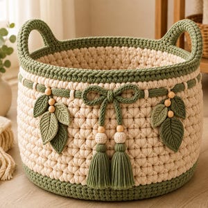 May include: A round, cream-colored crochet basket featuring a thick sage green border at the top and bottom. The basket is decorated with a central sage green crochet bow, two hanging tassels, and two symmetrical leaf motifs accented with wooden beads.