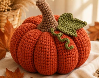Puede incluir: Una calabaza tejida a ganchillo en un tono naranja vibrante con una superficie texturizada y acanalada. La parte superior incluye un tallo marrón tejido, una hoja verde tejida y un pequeño detalle de zarcillo verde en espiral.