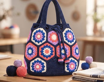 Puede incluir: Un bolso tipo cubo de ganchillo azul marino con un patrón de motivos florales hexagonales en tonos blanco, rosa, morado y azul. El bolso tiene dos asas superiores y un cierre de cordón con dos pompones, todo hecho de hilo azul oscuro.