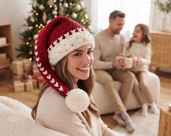 May include: A long, deep red crochet Santa hat featuring a thick, cream-colored brim with a textured star-like pattern, a white stitched heart-shaped design running down the back, and a large, fluffy cream-colored pom-pom at the tip.