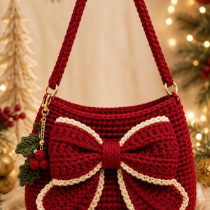 Puede incluir: Un bolso de ganchillo de color rojo intenso con un lazo grande a juego con borde color crema en la parte delantera. El bolso tiene un asa trenzada única sujeta con anillos dorados y un pequeño dije de hojas verdes y bayas rojas al lado.
