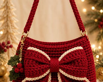 Puede incluir: Un bolso de ganchillo de color rojo intenso con un lazo grande a juego con borde color crema en la parte delantera. El bolso tiene un asa trenzada única sujeta con anillos dorados y un pequeño dije de hojas verdes y bayas rojas al lado.
