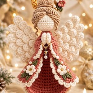 Può includere: Un angelo all'uncinetto con un abito rosa polvere con bordo smerlato bianco, ali testurizzate color crema e un'aureola dorata decorata con piccoli fiori bianchi e perle. La figura ha capelli intrecciati e un ciondolo a forma di stella dorata.
