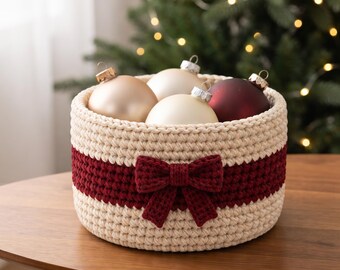 Christmas Basket Crochet Pattern PDF, Ivory and Burgundy with Bow