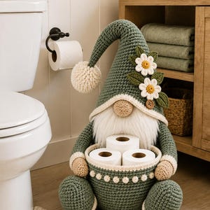 May include: A sage green crocheted gnome figurine featuring a tall pointed hat adorned with two white daisy flowers and green leaves. The gnome has a cream-colored beard, a round nose, and holds a matching crocheted basket containing three toilet paper rolls.