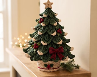 Puede incluir: Un árbol de Navidad de ganchillo con ramas verde oscuro y puntas blancas, adornado con pequeñas bayas rojas y un gran lazo rojo. El árbol está rematado con una estrella beige y se asienta en una maceta color crema con un motivo de acebo.