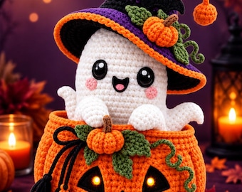 Puede incluir: Una figura de fantasma de ganchillo blanca con grandes ojos negros y mejillas rosadas, que lleva un sombrero puntiagudo morado y negro con una pequeña calabaza naranja. El fantasma se sienta dentro de una gran calabaza de ganchillo naranja iluminada.