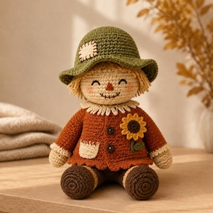 May include: A crocheted scarecrow doll wearing a green hat with a patch, a rust-coloured jacket with two buttons, a cream-coloured pocket, and a sunflower appliqué. The doll has a stitched face with rosy cheeks, straw-like hair, and dark brown legs.
