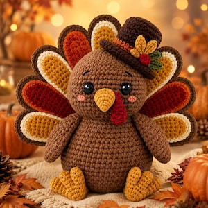May include: A crocheted turkey plush toy featuring a brown body, a yellow beak, and a red wattle. The turkey wears a brown top hat adorned with a small yellow and orange leaf decoration. Its tail feathers are layered in shades of orange, red, and yellow.