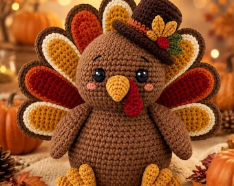 Puede incluir: Un peluche de pavo tejido a ganchillo con cuerpo marrón, pico amarillo y carúncula roja. El pavo lleva un sombrero de copa marrón adornado con una pequeña decoración de hojas amarillas y naranjas. Las plumas de la cola están dispuestas en capas de color naranja, rojo y amarillo.
