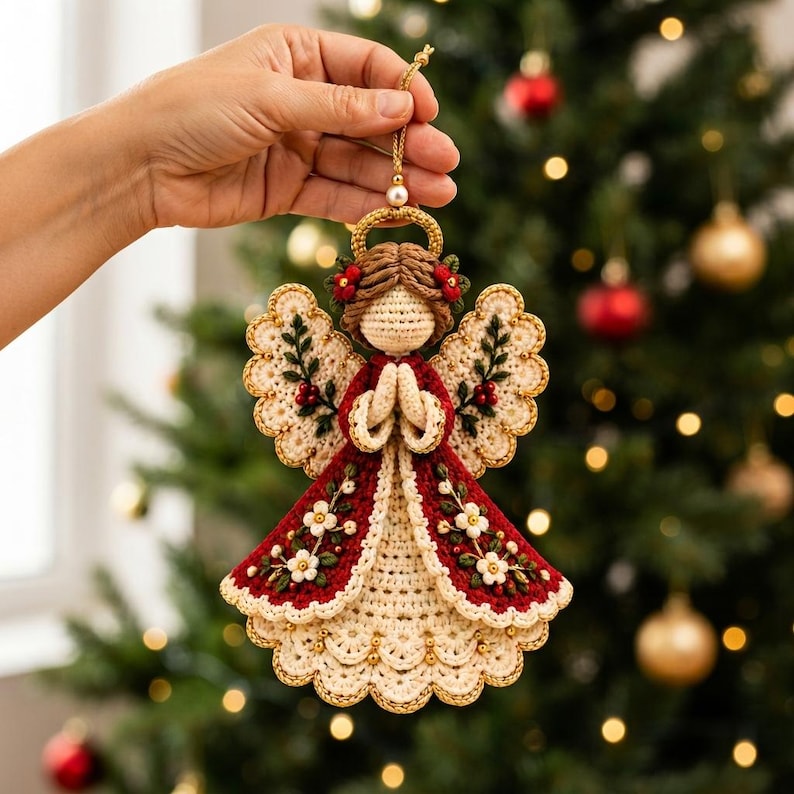 Pu&ograve; includere: Un angelo decorativo all'uncinetto con un abito color crema e uno strato rosso scuro, decorato con fiori bianchi ricamati e foglie verdi. L'angelo ha capelli castani, un'aureola dorata e le mani giunte, sospeso tramite un cordino dorato.