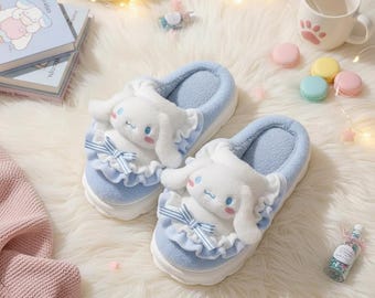 Pantuflas de cachorro esponjosas / Zapatillas de casa de peluche kawaii / Calzado azul claro acogedor