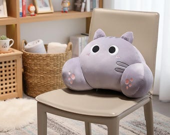 Almohada lumbar con forma de gato / Soporte de espalda de felpa gris / Cojín kawaii para silla de escritorio