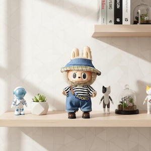 Streetwear Labubu Outfit | Blue Denim Overalls | Striped T-Shirt & Bucket Hat