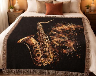 Golden Saxophone Woven Blanket | Jazz Music Throw, Musician Gift Home Decor