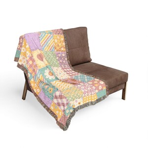 Muted Pastel Patchwork Quilt Heart Woven Blanket | Cozy Throw, Quilted Patch Design image 7