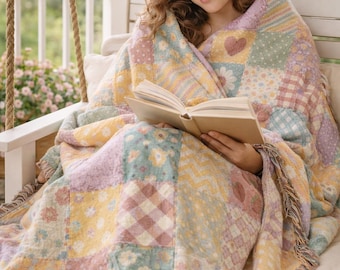 Muted Pastel Patchwork Quilt Heart Woven Blanket | Cozy Throw, Quilted Patch Design