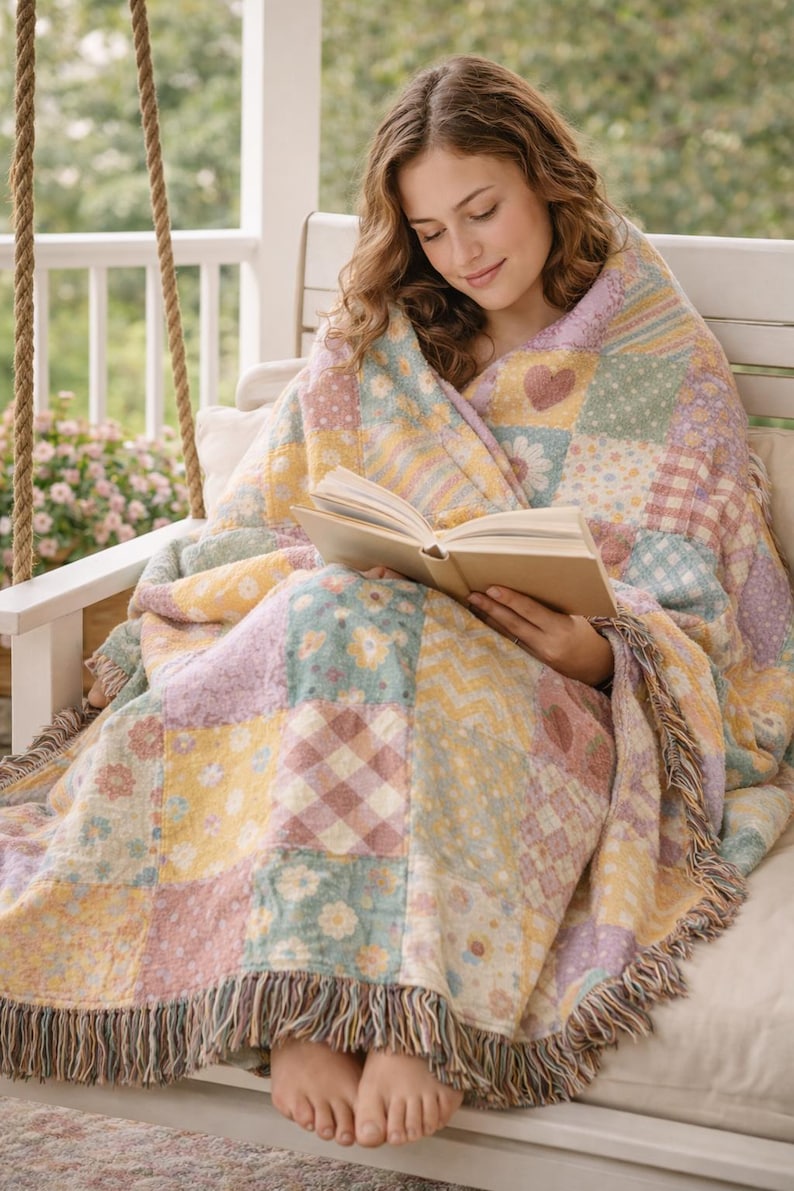 Muted Pastel Patchwork Quilt Heart Woven Blanket | Cozy Throw, Quilted Patch Design image 1
