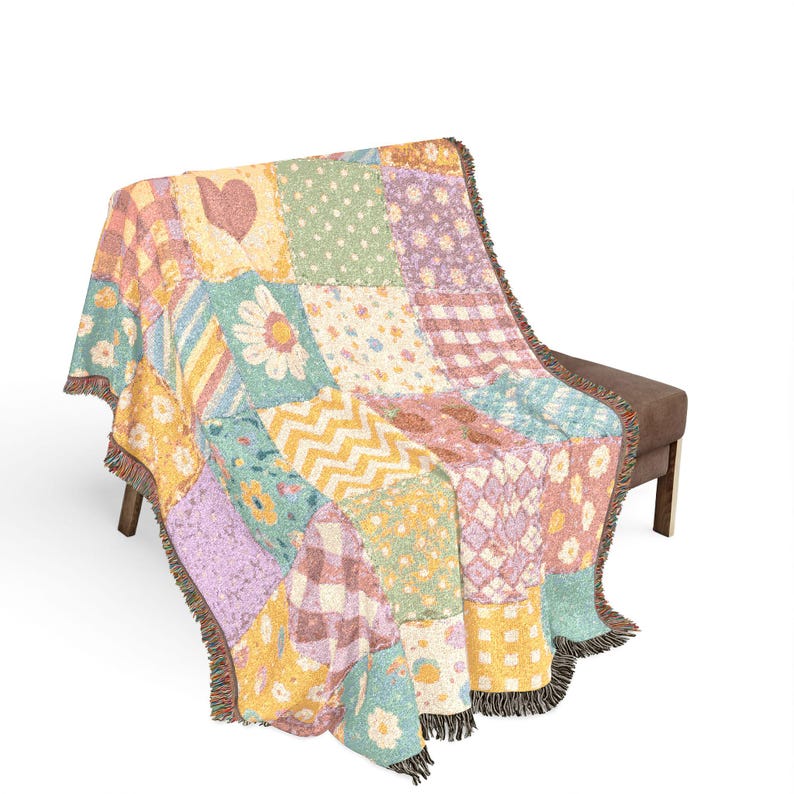 Muted Pastel Patchwork Quilt Heart Woven Blanket | Cozy Throw, Quilted Patch Design image 5