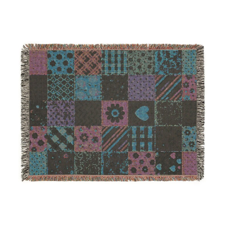 Muted Pastel Patchwork Quilt Heart Woven Blanket | Cozy Throw, Quilted Patch Design image 9
