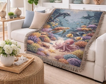 Sea Life Coral Reef Woven Blanket | Nautical Beach Cottage Woven Tapestry