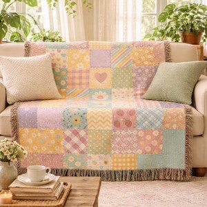 Muted Pastel Patchwork Quilt Heart Woven Blanket | Cozy Throw, Quilted Patch Design image 3
