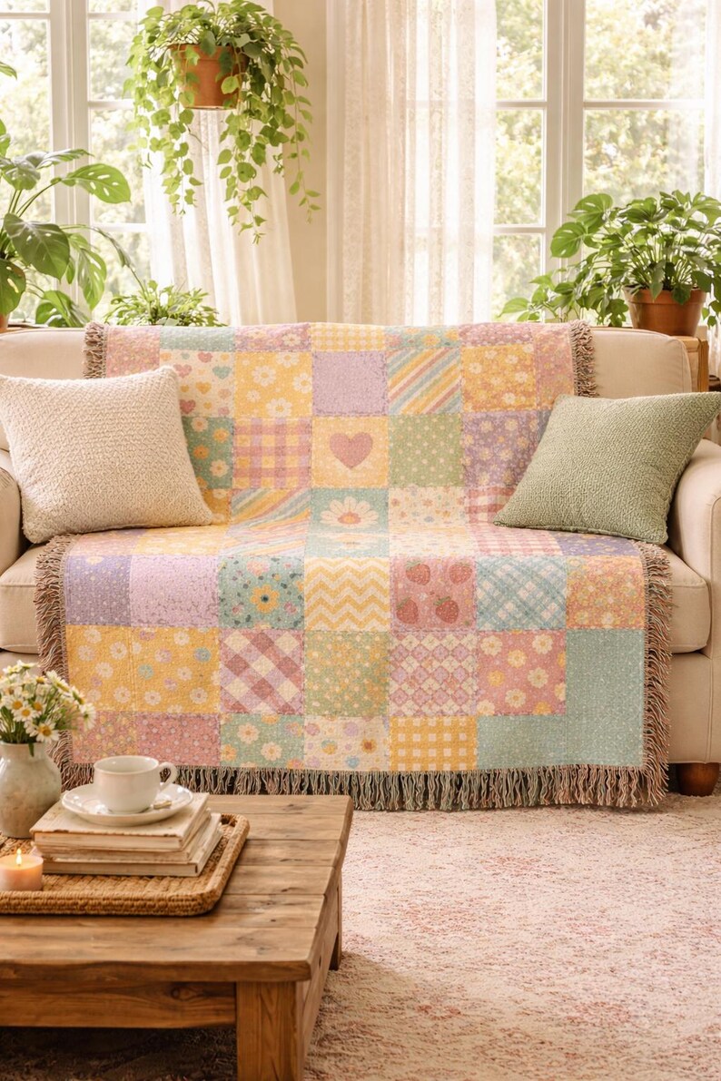 Muted Pastel Patchwork Quilt Heart Woven Blanket | Cozy Throw, Quilted Patch Design image 3