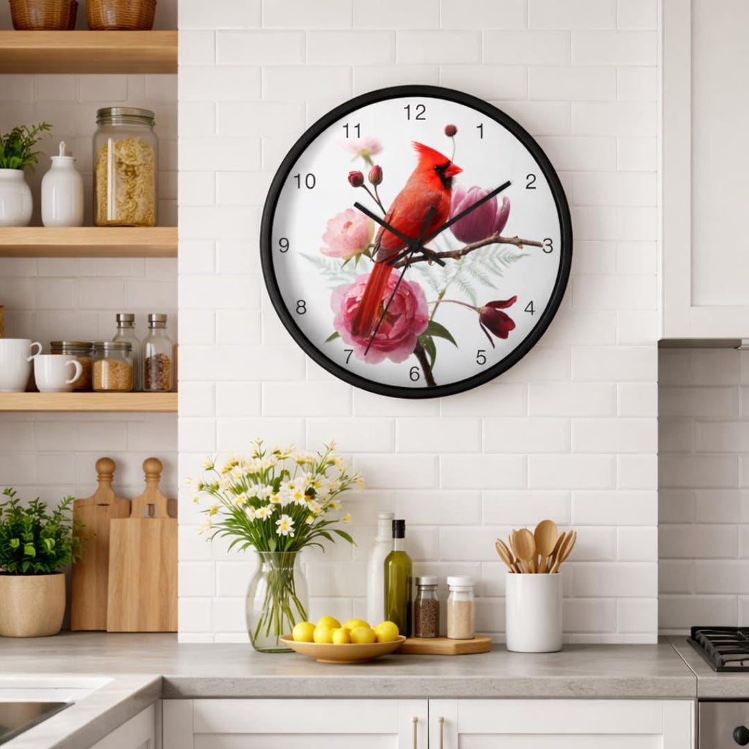 Cardinal Bird Floral Wall Clock | Pink Peonies, Botanical Branch Clock ...