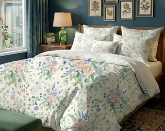 Capa de edredom de microfibra com estampa floral em aquarela | Rosas em tons pastel e folhagens
