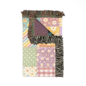 Muted Pastel Patchwork Quilt Heart Woven Blanket | Cozy Throw, Quilted Patch Design image 8