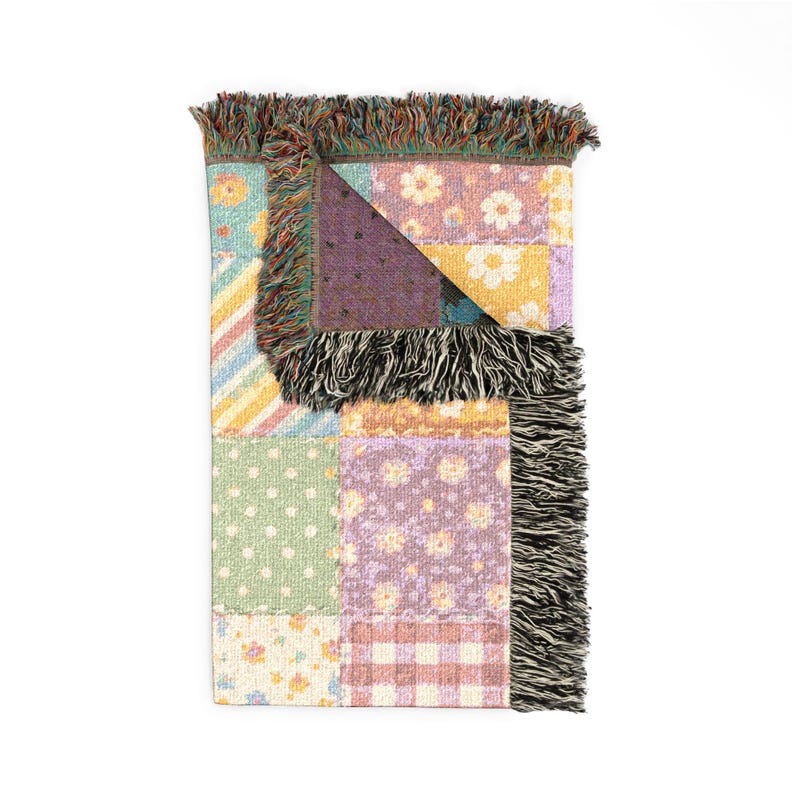 Muted Pastel Patchwork Quilt Heart Woven Blanket | Cozy Throw, Quilted Patch Design image 8