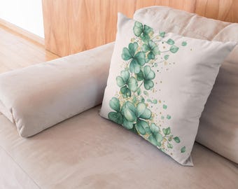 Almofada decorativa com estampa botânica de trevo da sorte - Trevo verde para decoração de casa