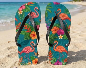 Chinelo de dedo com estampa tropical de flamingo | Sandálias florais para praia