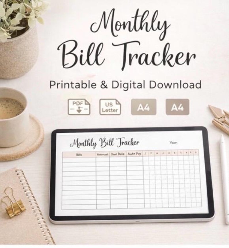 Monthly Bill Tracker Printable, Yearly Budget Planner, Expense Tracker ...